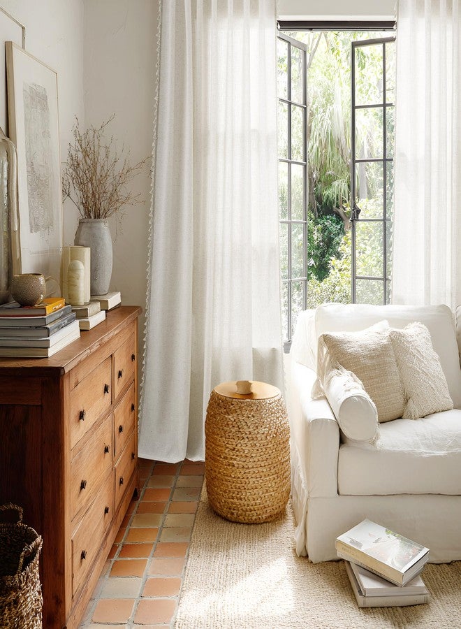 SMABU Boho Linen Curtains 84 Inches Long 2 Panels for Living Room Bedroom Natural Cream Bohemian Farmhouse Tassels Curtains Beige Semi Sheer Flax Light Filtering Chic Rustic Back Tab Curtain Drapes 52x84 - Image 5